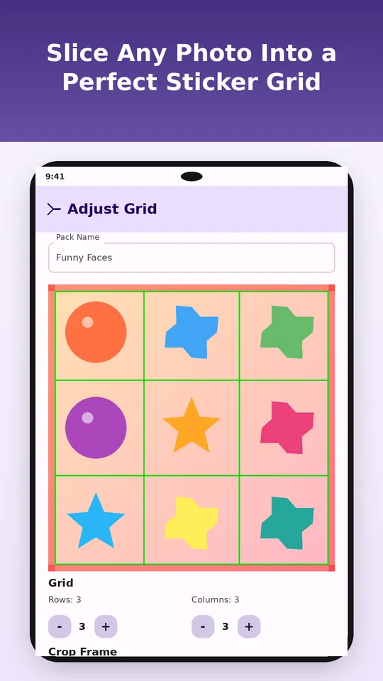 Adjust Grid screen with a 3 by 3 sticker sheet and row and column controls