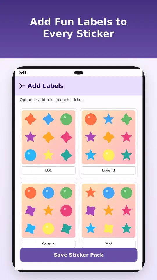 Add Labels screen where each sticker gets an optional caption